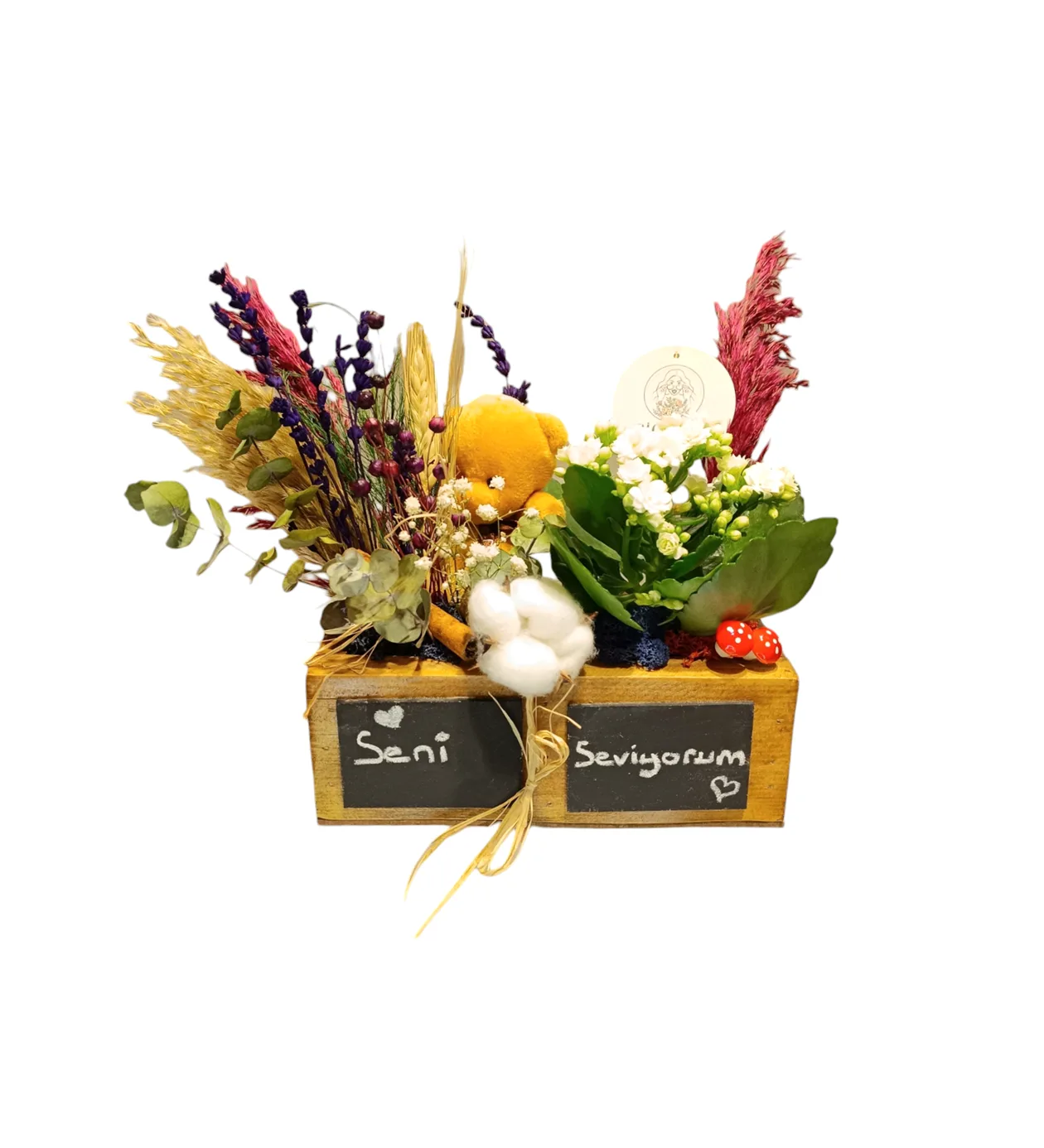 Kişiye Özel Ahşap Beyaz Kalanchoe ve Mutluluk