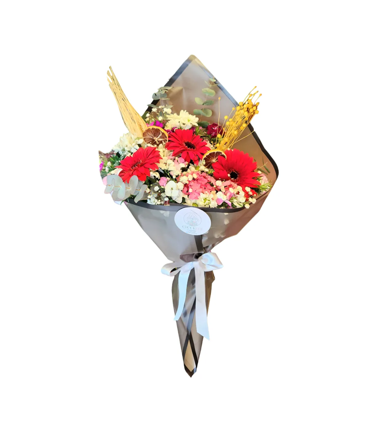 Siyah Buket Kağıdında Kırmızı Gerbera ve Bahar Çiçekleri