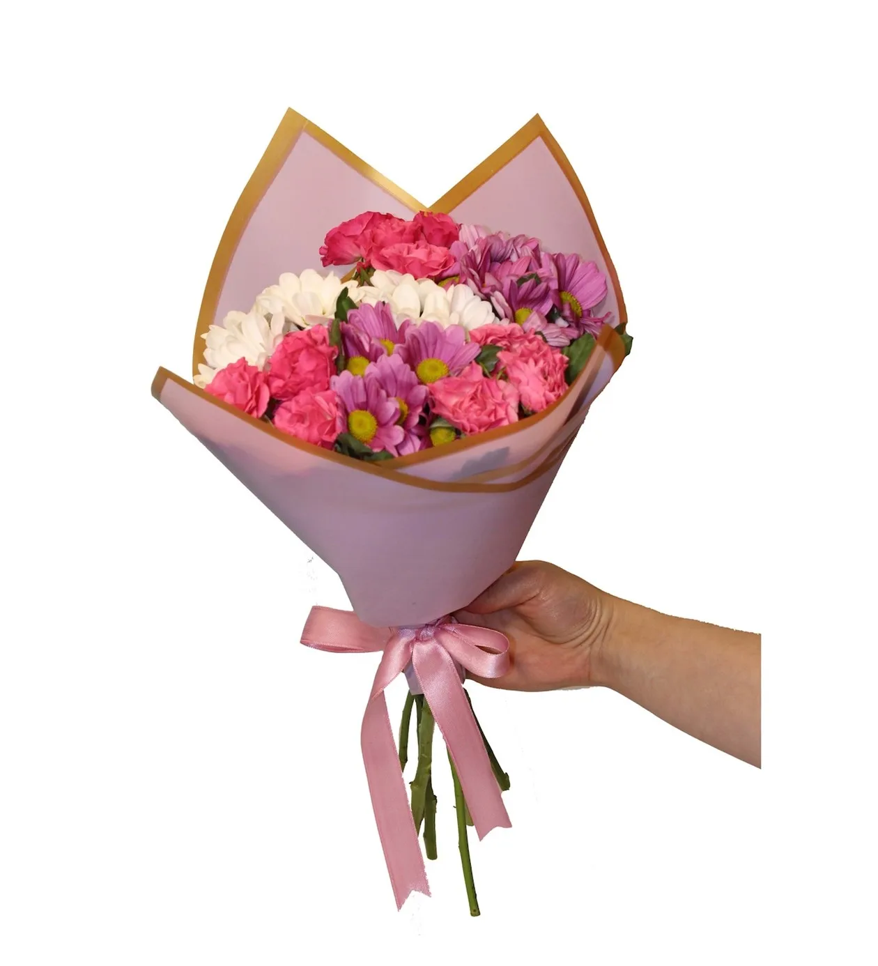 Pembe Buket Kağıdında Renkli Gül Ve Renkli Papatya Buketi