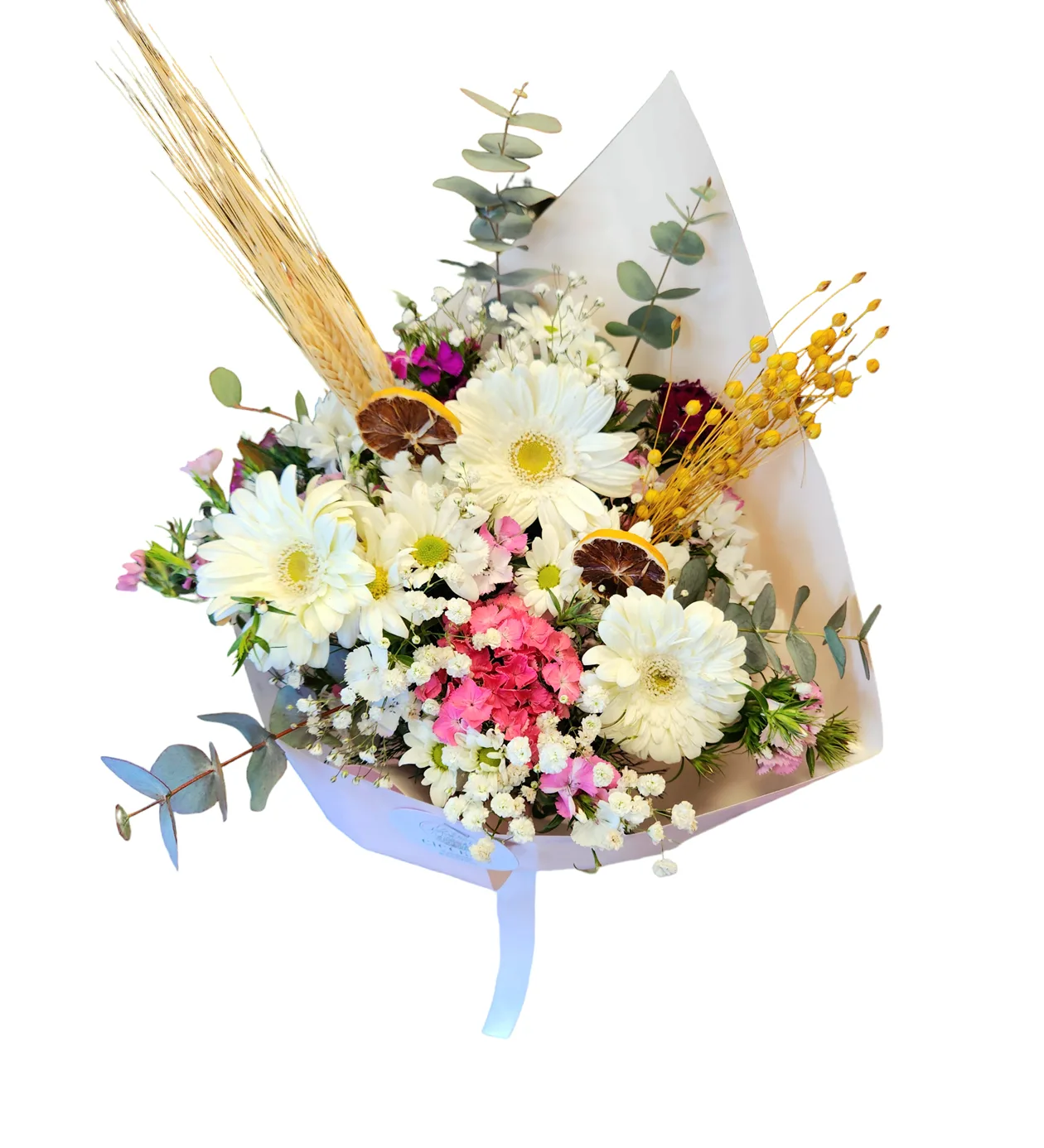 Soft Buket Kağıdında Beyaz Gerbera ve Bahar Çiçekleri