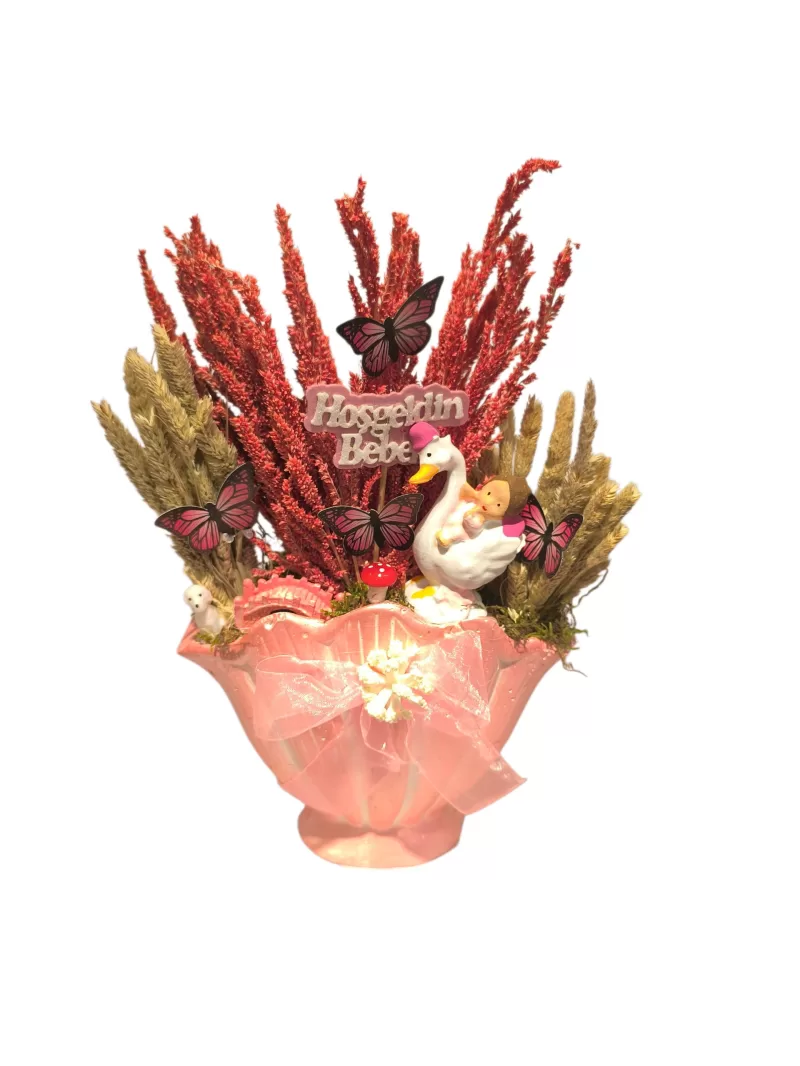 Pembe Vazoda Kız Bebek Hediyesi & Hoşgeldin Bebek Aranjmanı