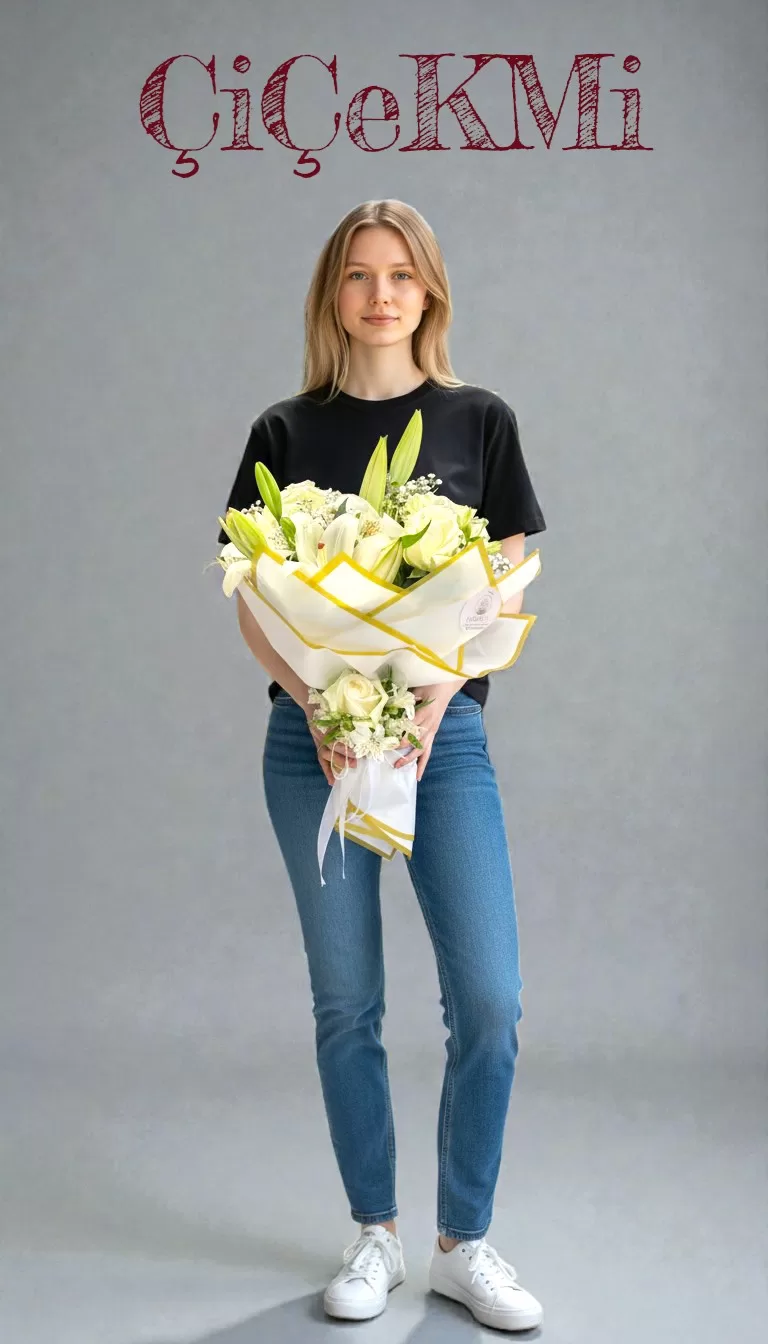 Premium Beyaz Lilyum ve Beyaz Gül Buketi