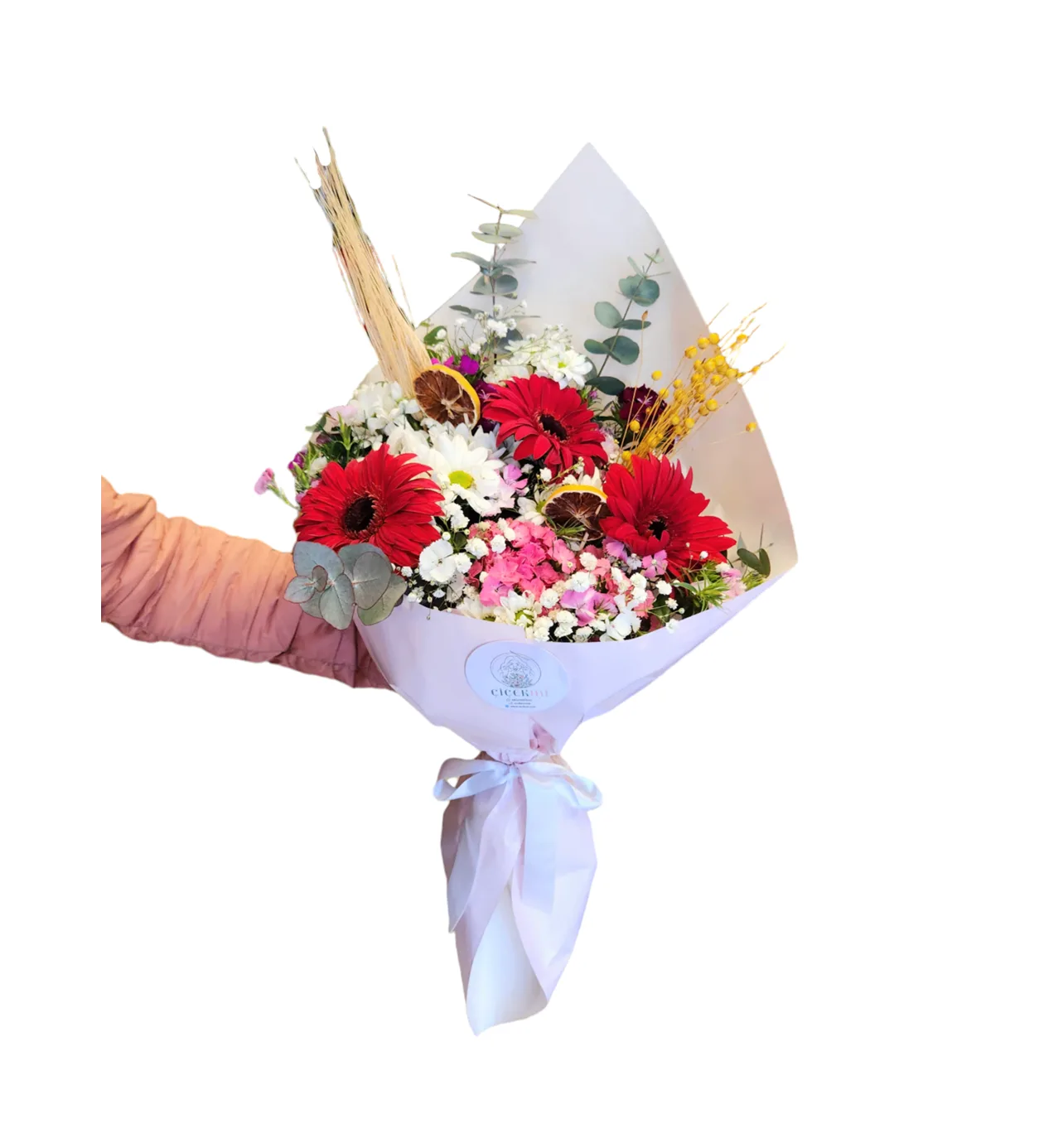 Soft Buket Kağıdında Kırmızı Gerbera ve Bahar Çiçekleri